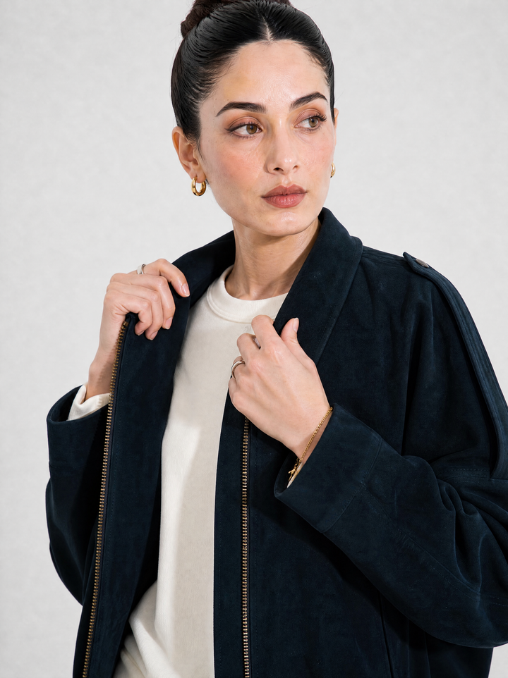 Navy Suede Bomber Jacket