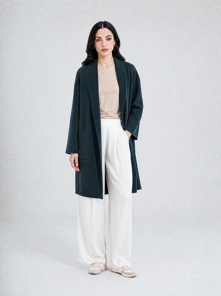 Navy Textured Wool Blended Cardigan