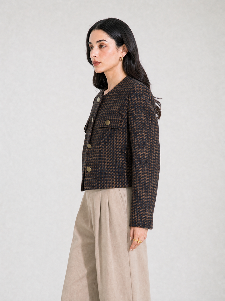 Textured Navy Round Neck Jacket