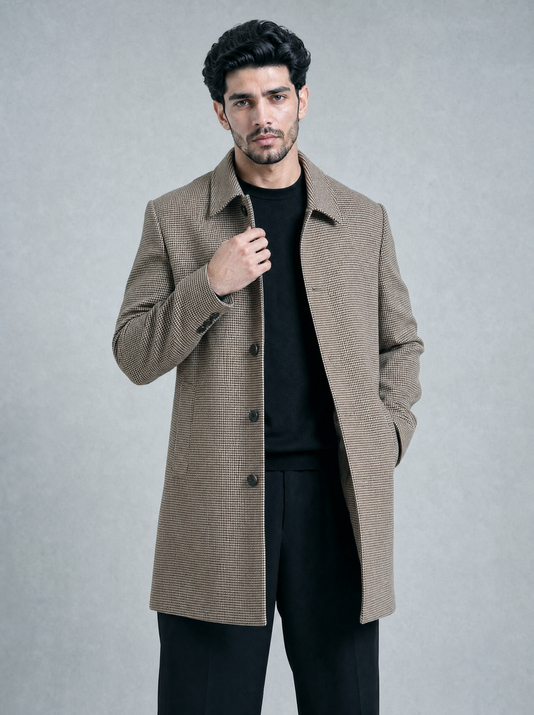 Brown Houndstooth Long Coat