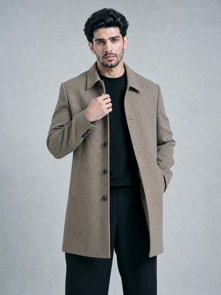 Brown Houndstooth Long Coat