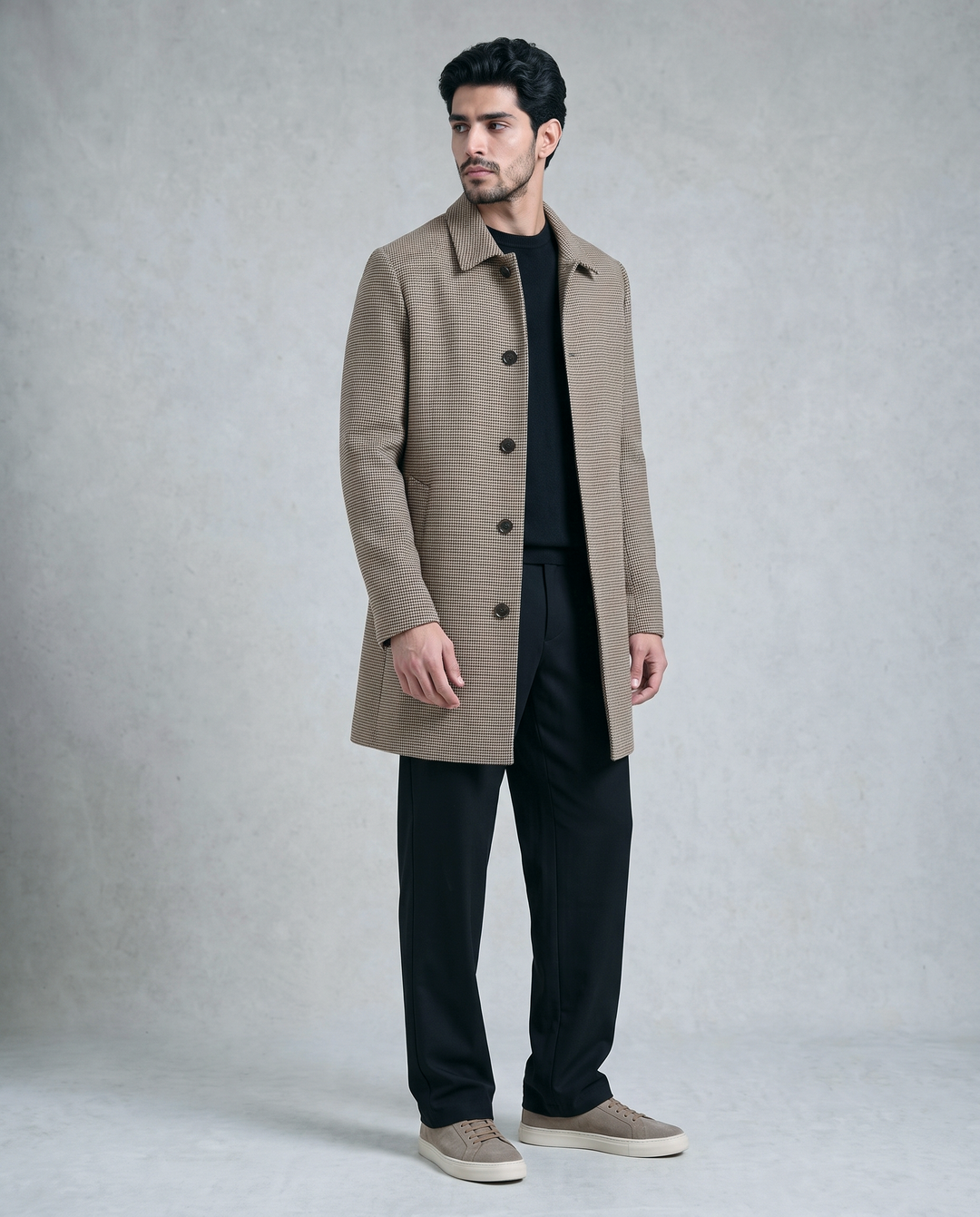 Brown Houndstooth Long Coat