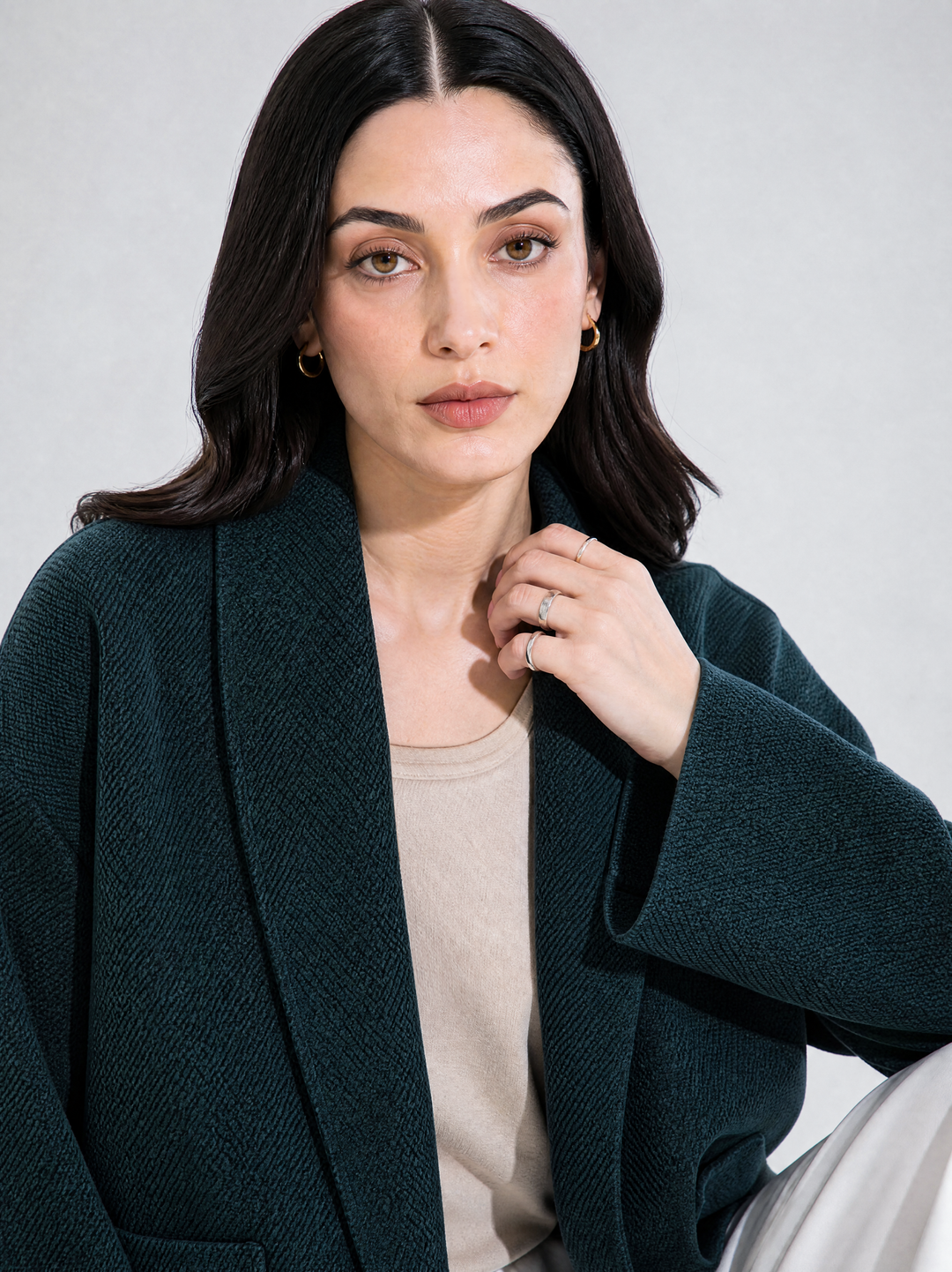 Navy Textured Wool Blended Cardigan