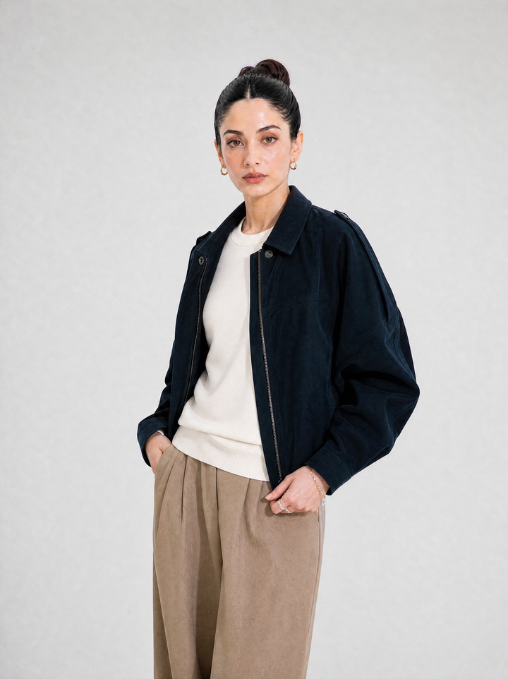Navy Suede Bomber Jacket