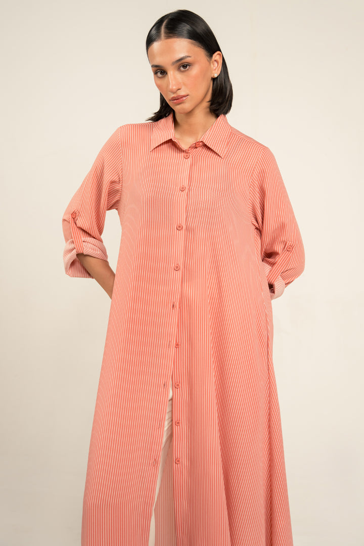 Pink Striped Long Shirt Dress with Pockets