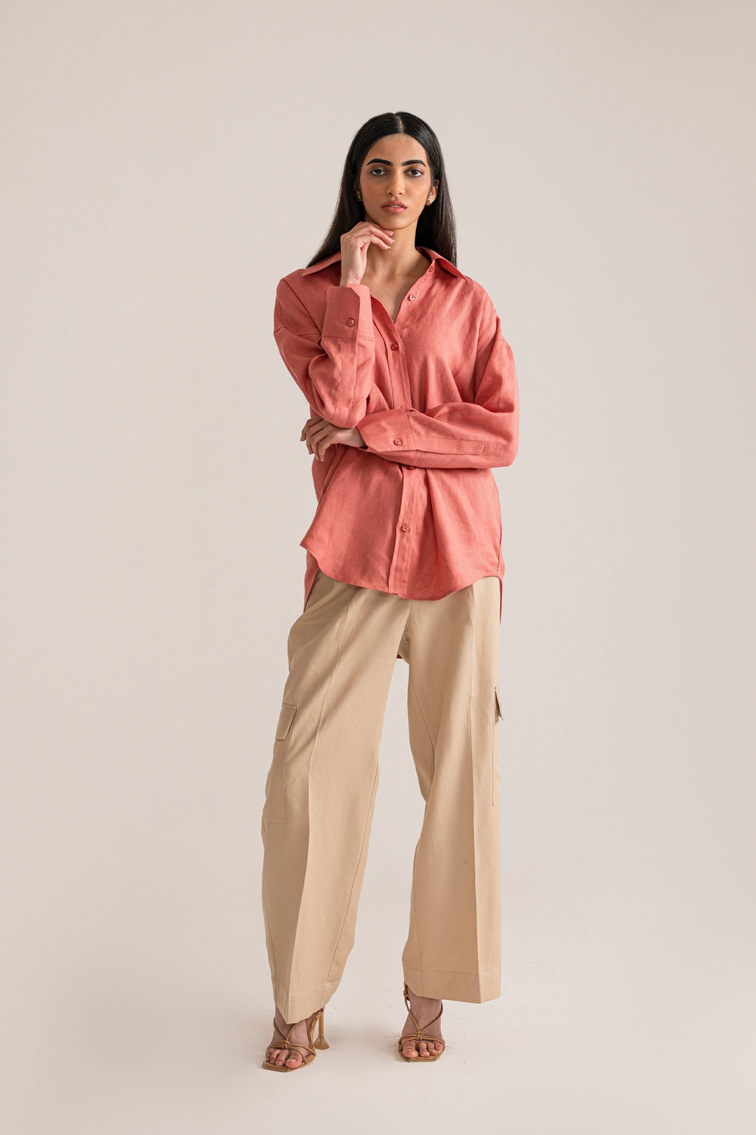 Beige Linen Cargo Trouser with Pleats